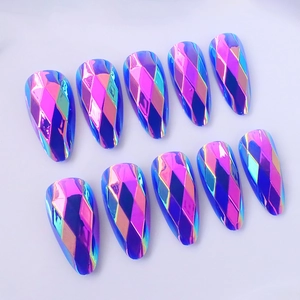 Holographic stiletto press-on nails with 3D geometric diamond texture and metallic finish