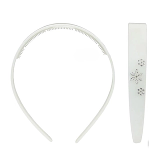 Close-up of white acetate headband with delicate rhinestone flower embellishments
