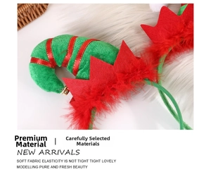 Detail of Christmas elf hat headband featuring soft green fabric and jingling bells