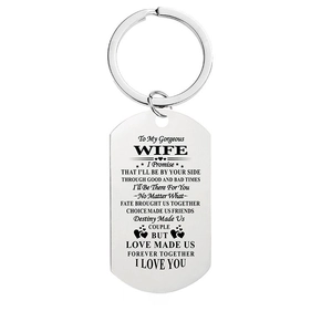 Stainless steel keychain with engraved romantic message for wife on silver rectangle tag