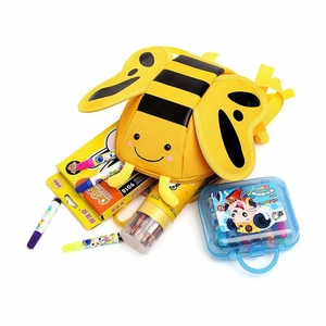 Cute yellow bee toddler backpack for kids showing spacious interior with stationery
