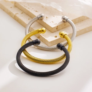 Twisted Cable Cuff Bracelet Stainless Steel Open End Ball Terminals Minimalist Geometric Jewelry For Men Women