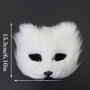 White faux fur fox mask with silver tinsel and black eye outlines for party costumes