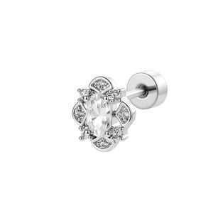 Silver flower stud earring with oval clear zircon center and screw back on white background