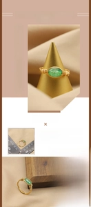 Detailed view of hand-wrapped 18K gold plated ring with green freshwater pearl stone