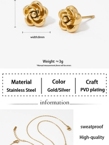 Detailed specs of 8mm rose stud earrings in gold PVD plated stainless steel