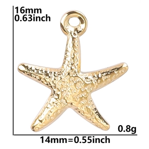 Detail view of a 16mm gold starfish pendant with size and weight dimensions shown