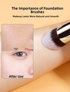 Detail of dual-ended foundation brush showing pore-blurring effect for smooth skin finish