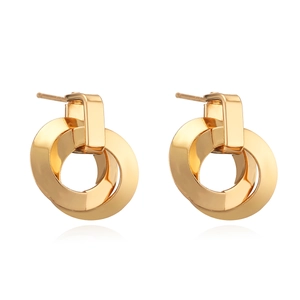 Minimalist geometric circular drop earrings in gold plating with a polished metal finish