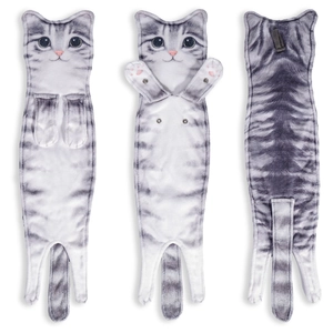 Detail of grey tabby cat hand towel with metal snap buttons and top hanging loop