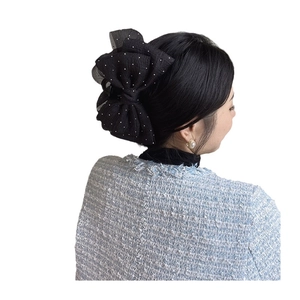 Polka dot mesh bow hair clip for women, large elegant headpiece in black and white