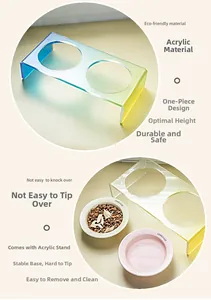 Detail view of iridescent acrylic pet bowl stand with two ceramic feeder bowls