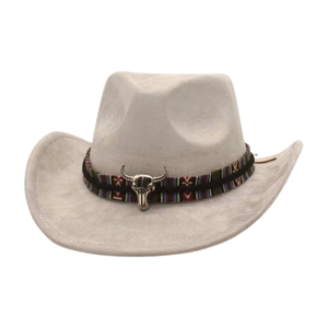 Detail of grey fedora hat featuring ethnic woven band and metallic bull skull charm