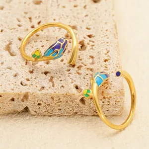 Branch Leaf Open Ring 18K Gold Plated Stainless Steel Colorful Enamel Adjustable Minimalist Jewelry For Women