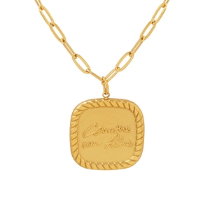 Gold square letter pendant necklace with paperclip chain and French engraving design