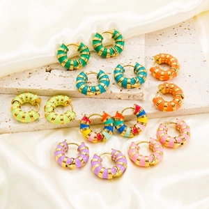 Chic gold-plated stainless steel hoop earrings with colorful striped enamel patterns