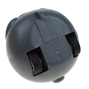 Macro detail of the grey spherical pull-back car base with dual rolling wheels