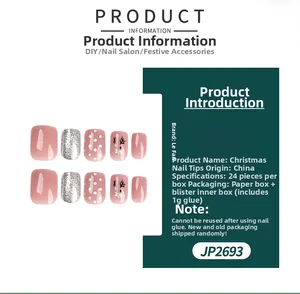Christmas press-on nails set with pink, silver glitter, and reindeer designs 24pcs