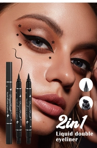 Dual-ended black liquid eyeliner pen featuring star and heart shaped stamp tips for eye makeup