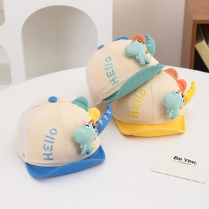 Toddler sun mesh caps with Hello embroidery and 3D cartoon dinosaur accents in assorted colors