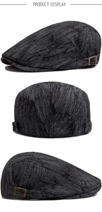 Trois angles de béret en jean avec tissu texturé gris et boucle métallique en bronze