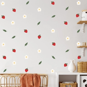 Minimalist wall stickers with red strawberries and white flowers for nursery decoration