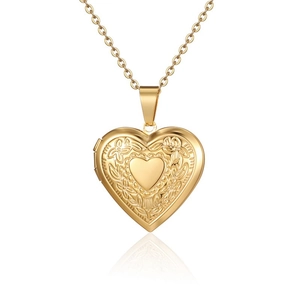 Golden heart locket necklace with floral engraving and openable frame for photos