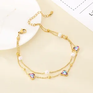 Double Layer Stainless Steel Anklet With Colorful Heart Crystal And White Artificial Pearls Elegant Adjustable Foot Jewelry For Women