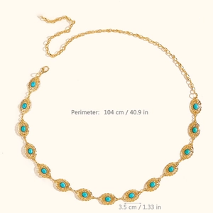 Detail showing gold chain belt with turquoise stones and dimensions 104 cm by 3.5 cm