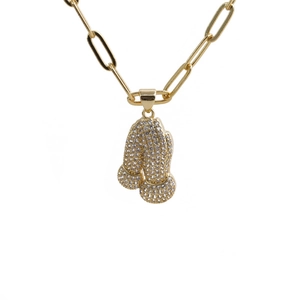 Hip hop gold plated prayer hands pendant necklace with zircon rhinestones on white background