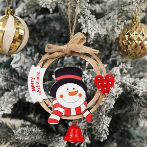 Wooden snowman Christmas wreath pendant with red bell and Merry Christmas greeting