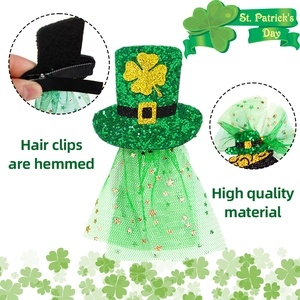 Detail of St. Patrick's Day hair clip with green mesh veil and golden star sequins