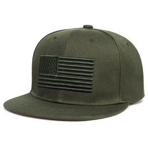 Army green flat brim hip-hop cap with embroidered American flag in matching tones