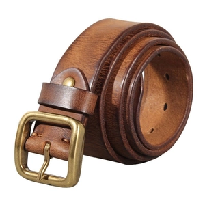 Vintage dark brown men's leather belt with a distressed brass pin buckle on white background