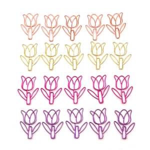Detailed view of twenty tulip-shaped metal paperclips in four vibrant assorted colors