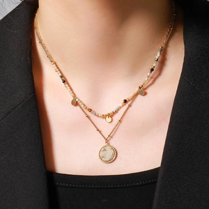 Bohemian Stainless Steel Double Layered Necklace Gold Plated Natural Stone Beads Round Disc Pendant For Women Jewelry