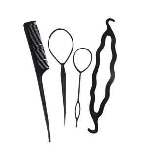 Black 4-piece professional hair styling tool set with comb and pull hair needles