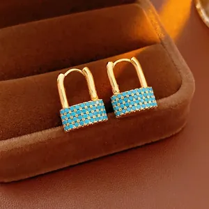 Padlock Hoop Earrings With Blue Zircon Inlaid Copper Jewelry With Silver Earring Post Elegant For Women