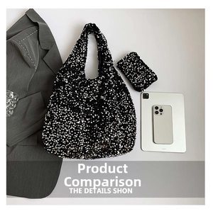 Sequin tote bag set with matching coin purse showing size comparison with iPad and phone