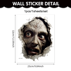 3D Halloween Wandsticker mit realistischem Zombie-Gesicht, das durch die Wand bricht