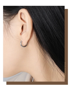 Close-up of silver-plated titanium earrings with diagonal striped texture on the ear