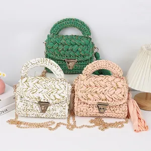 Handmade Crochet Knitted Small Square Crossbody Bag With Metal Chain And Tassel Gold Thread Detail Fashionable Handbag