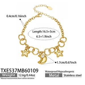 Spécifications du bracelet doré étoile lune avec dimensions et poids détaillés