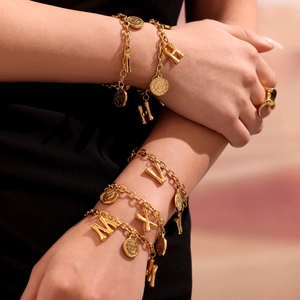 Retro multi-layered gold plated titanium steel chain bracelet with letter and coin charms