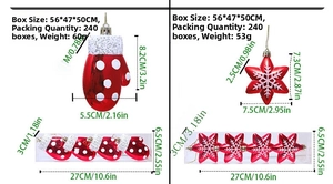 Detailed size chart for red glove and star Christmas ornaments with packaging dimensions