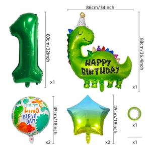 Green dinosaur theme 1st birthday balloon set with number one and star foil balloons