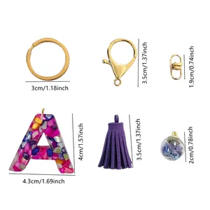 Resin letter A keychain with purple tassel and gold hardware dimensions specification
