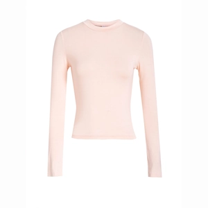 Minimalist Y2K style slim fit long sleeve pink T-shirt for women displayed on white background