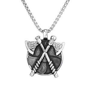 Retro Viking stainless steel double axe and shield pendant necklace in silver finish