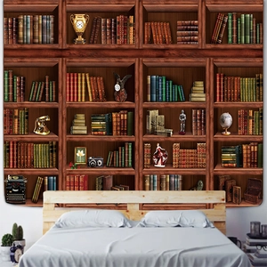 Detail of vintage library bookshelf tapestry with retro typewriter and globe decor